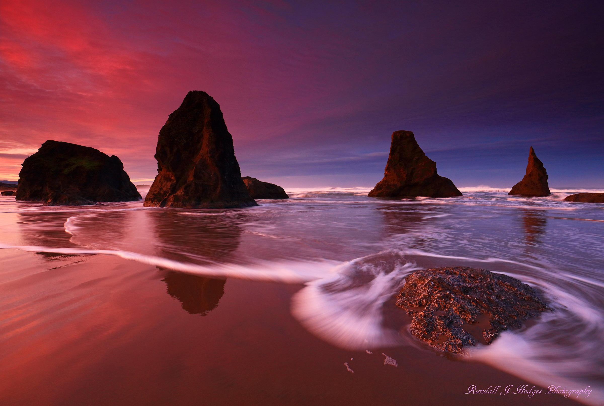 Sunrise and Sea Stacks in the Surf from Face Rock Beach in Bandon Oregon