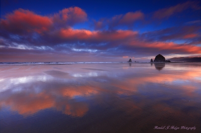 Sunrise With Haystack Rock and the Needles From Cannon Beach on the Oregon Coast