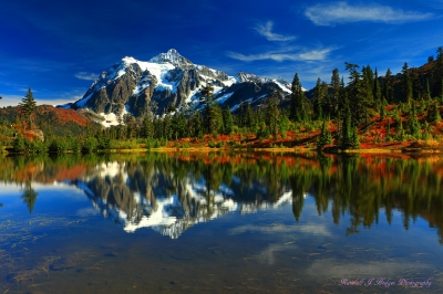 Mt Shuksan Reflected in Picture Lake from Heather Meadows in the Mt Baker-Snoqualmie National Forest in Washington