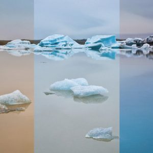 Composite image by Thierry Hennet: Jökulsárlón Glacier Lagoon in Iceland, Illustrates how the mood can be transformed using the Gold-N-Blue (center image with no filter).