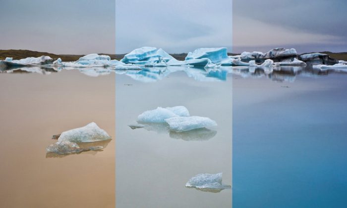 Composite image by Thierry Hennet: Jökulsárlón Glacier Lagoon in Iceland, Illustrates how the mood can be transformed using the Gold-N-Blue (center image with no filter).