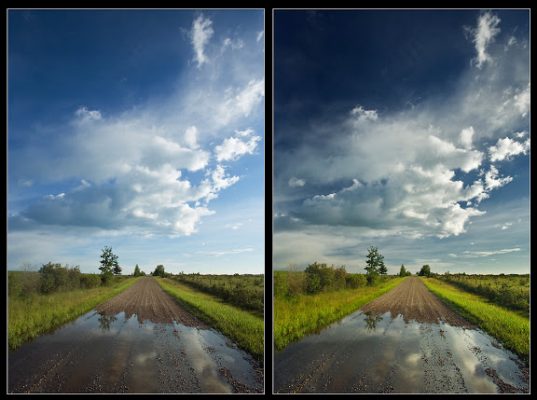 Two pictures of a road with a puddle in the middle.