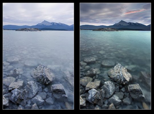 Two pictures of a lake with rocks and a mountain in the background.