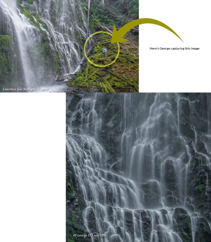 Two pictures of a waterfall with a green arrow in the middle.