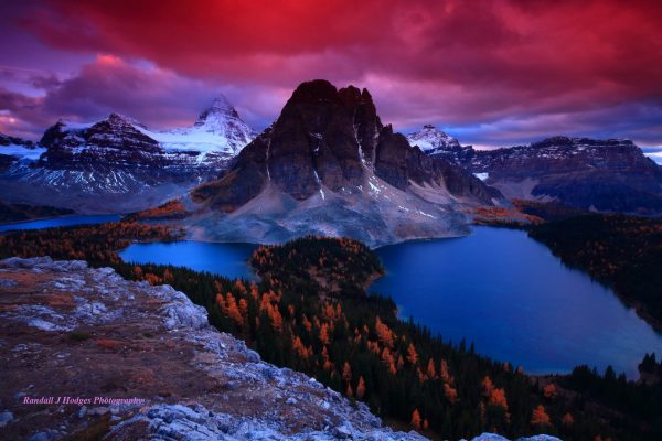 Sunset Mt Assiniboine Over Cerluean Lake and Sunburst Lake and Lake Magog From the Niblet in Mt Assiniboine Provincial Park in Brittish Columbia Canada