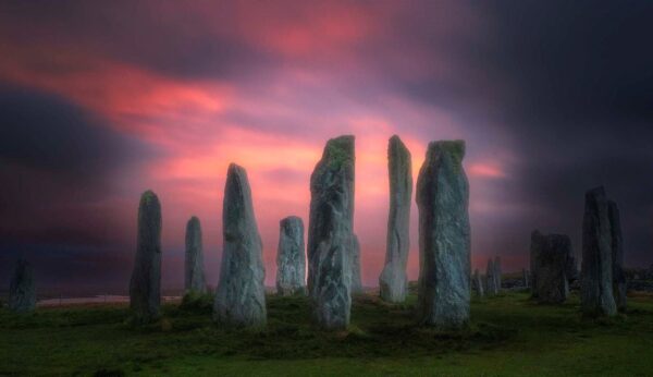 Stone circle at sunset in Scotland.